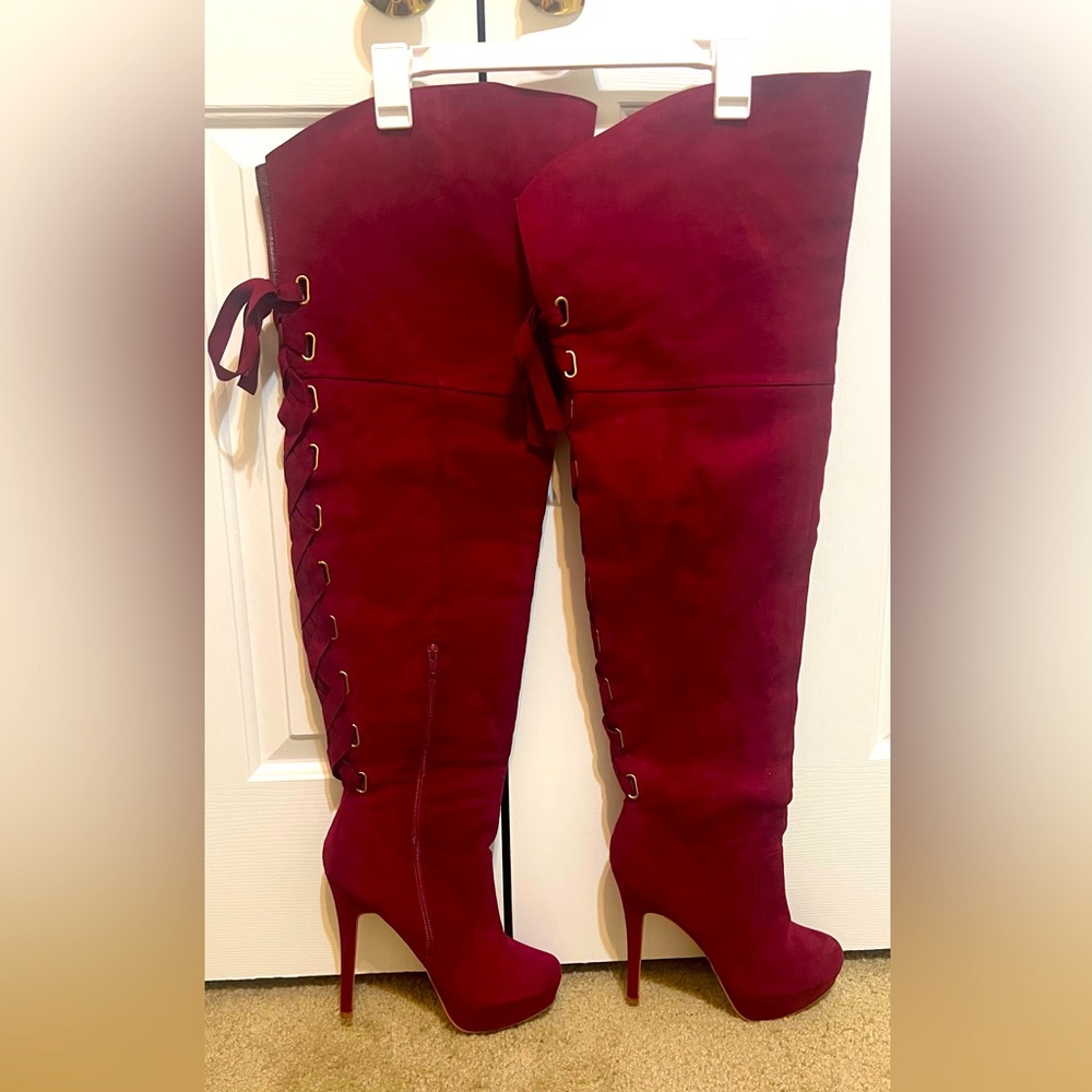 FIERY!! Red Suede thigh high platform boots size11